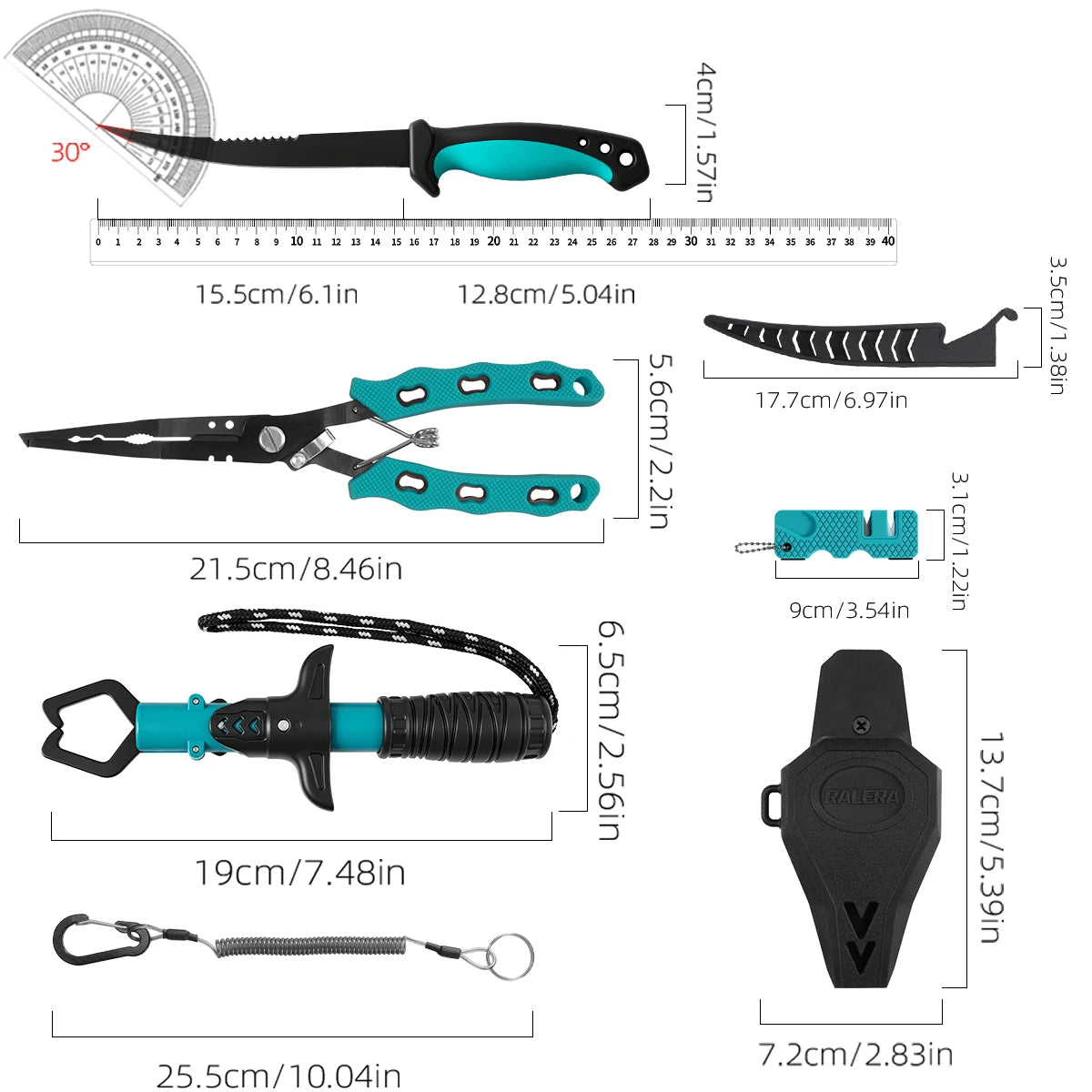 RALERA Saltwater Resistant Fishing Gear Tackle Kit: Fishing Pliers, Fillet Knife, Fish Lip Gripper,  Braid Scissors, Line Cutter