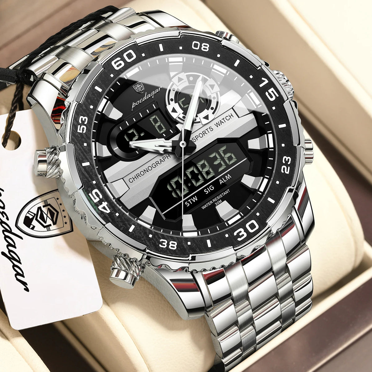 POEDAGAR Functional Electronic Man Wristwatch Week Date LED Luminous Oversized Fashion Quartz Men Watch Dual Time Digital Military Men's Watches Reloj - Apparel & Accessories from Linloft.