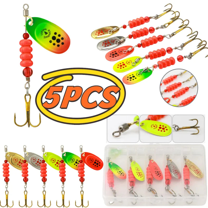Rotating Metal Spoon Lures with Box, 5 Pcs - Fishing Hooks from Linloft.