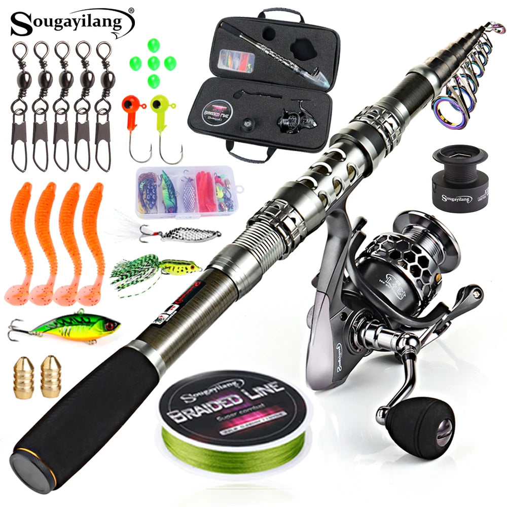 Sougayilang 1.8-2.7m Telescopic Pole and 5.1:1 High-Speed Gear Ratio Aluminim Spool Fishing Reel with Fishing Line Lure Bag Kit