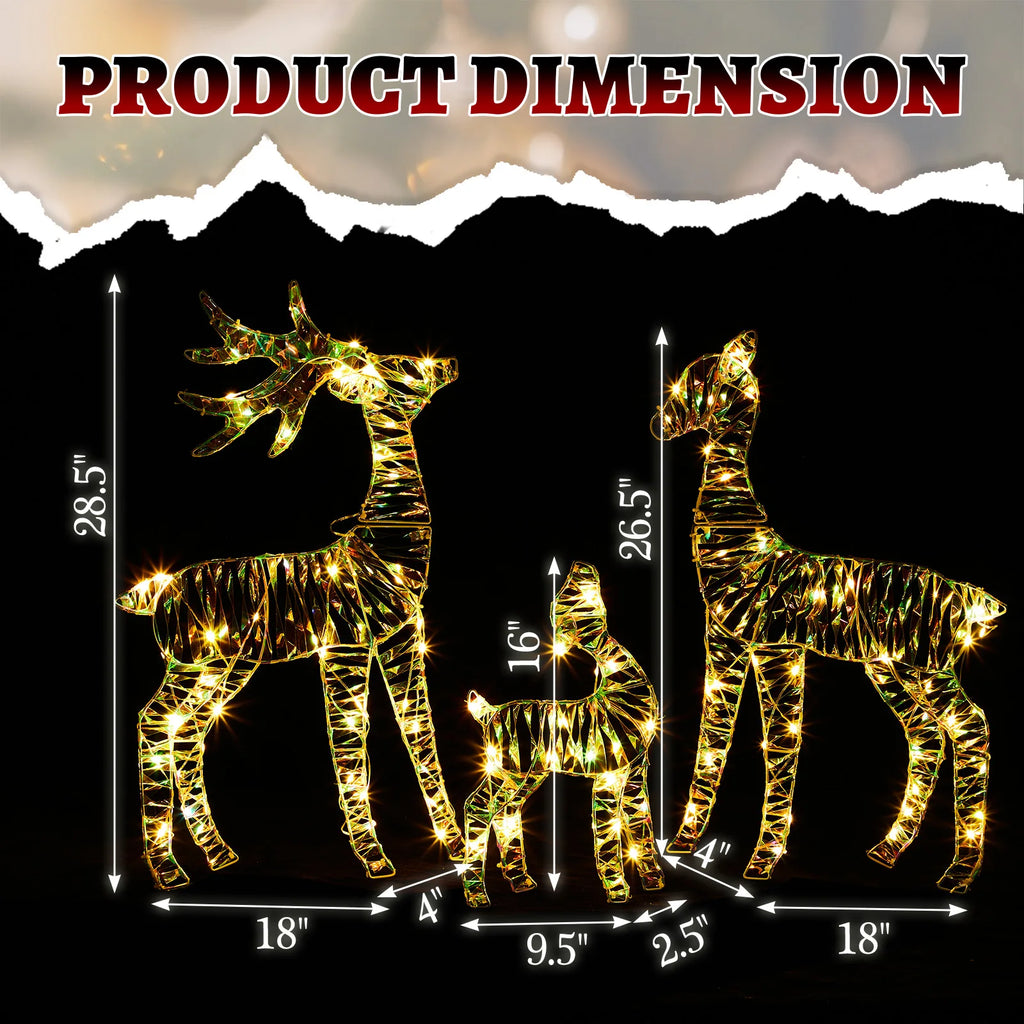 3-Piece Lighted Reindeer Family Christmas Decor – 110 Warm White LED, Iridescent Finish, Weatherproof Metal Frame, for Indoor/Outdoor Yard, Porch, Garden – Easy Assembly, Festive Holiday Display