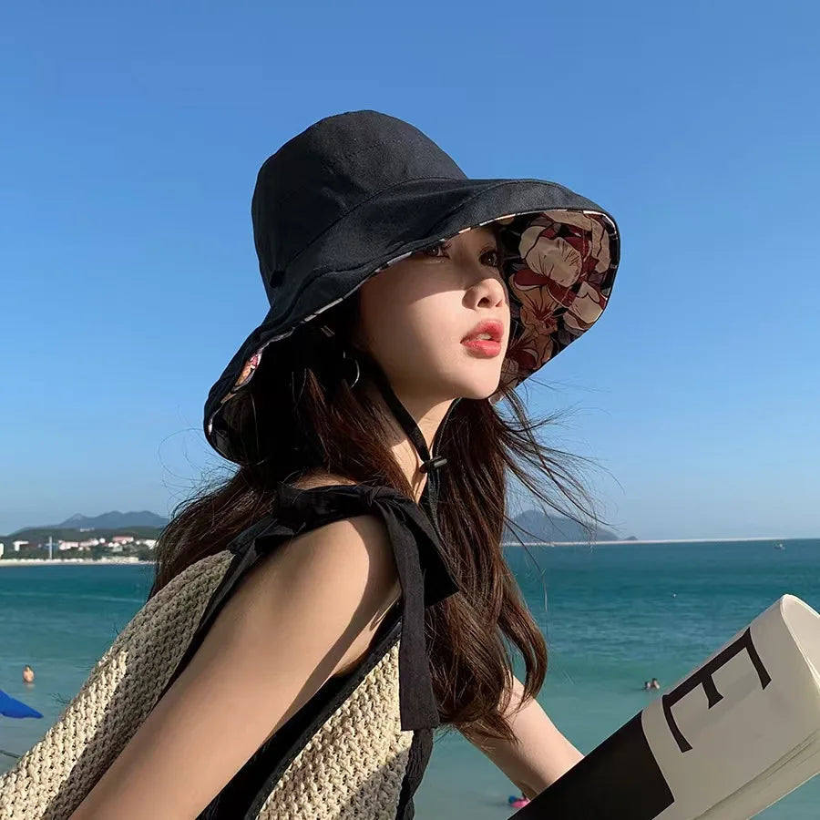 1×Women's Sun Protection Fishing Cap Full Face Bucket Cap Spring Summer Outdoor Large Brim UV Protection Hat with Windproof Rope