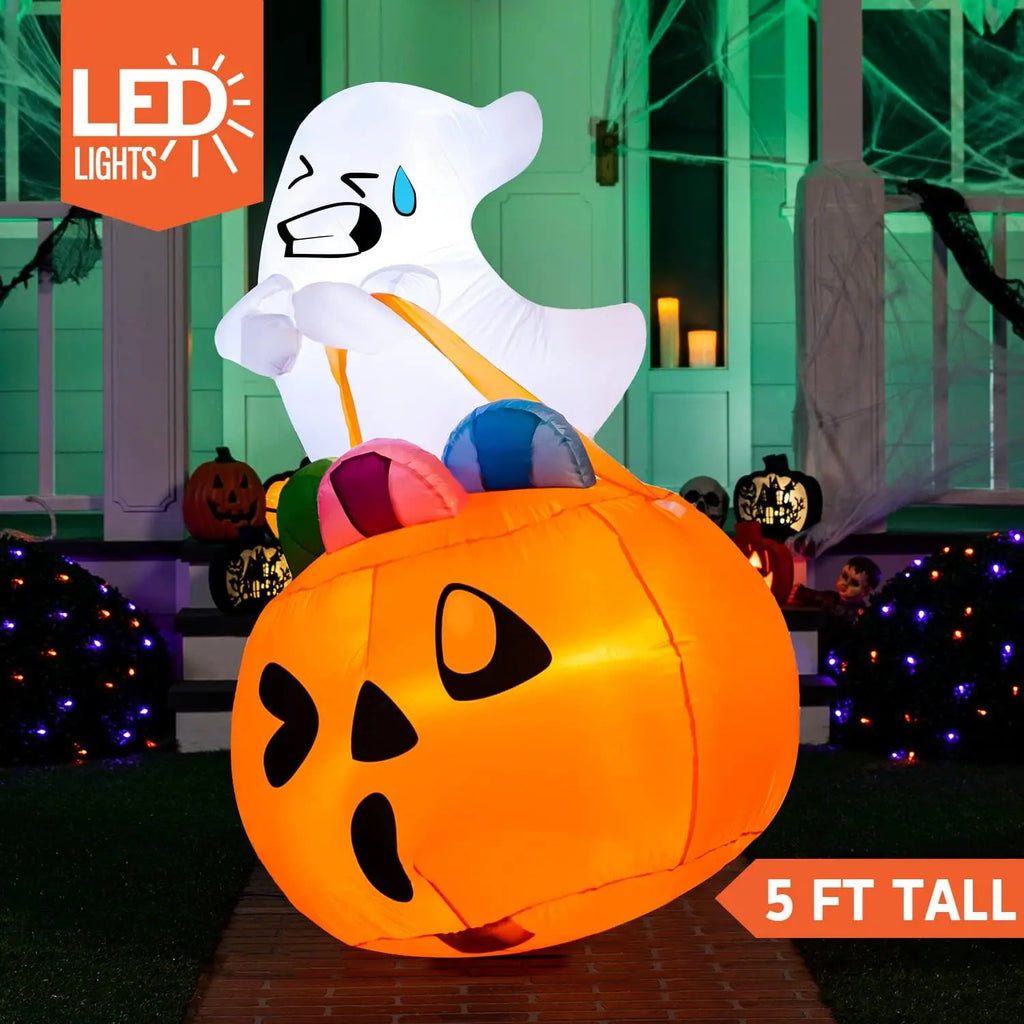 5 FT Tall Halloween Inflatables Outdoor Decorations Cute Ghost Blow Up Ghost Lift Pumpkin Candy Bag with Build-in LEDs For Halloween Gifts - Seasonal & Holiday from Linloft.