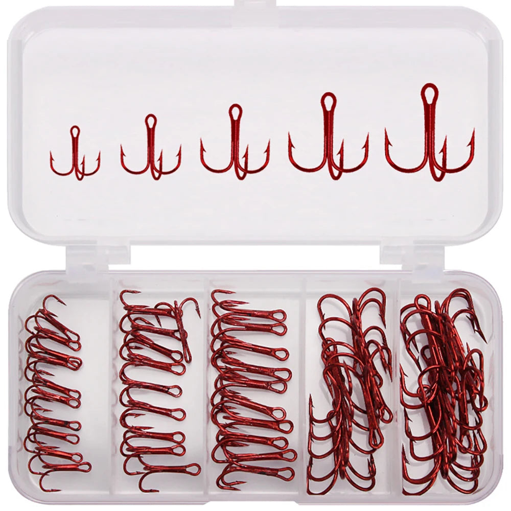 50pcs/box Triple Fishing Hooks Set Carbon Steel Barbed Treble Fishhooks for Lures Sea Fishing Accessories Tackle Tools