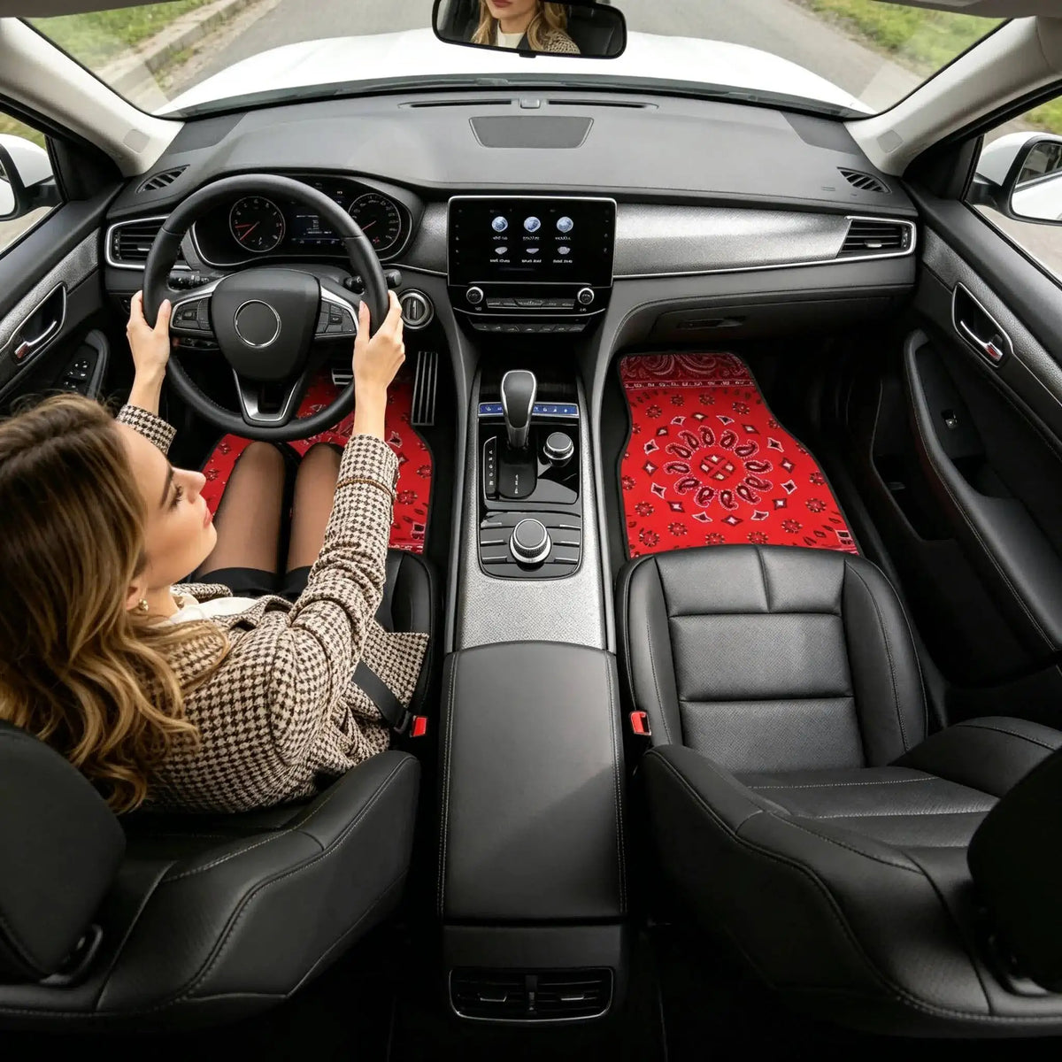 Red Bohemian Paisley Print Car Floor Mats 4Pcs Universal Anti-Slip Auto Carpet Interior Accessories For Women Girls Sedan SUV - Vehicle Parts & Accessories from Linloft.