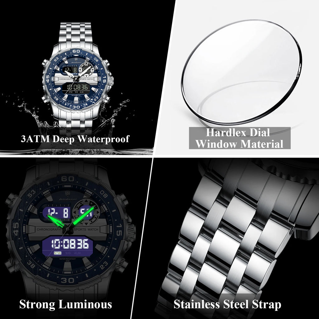 POEDAGAR Functional Electronic Man Wristwatch Week Date LED Luminous Oversized Fashion Quartz Men Watch Dual Time Digital Military Men's Watches Reloj - Apparel & Accessories from Linloft.