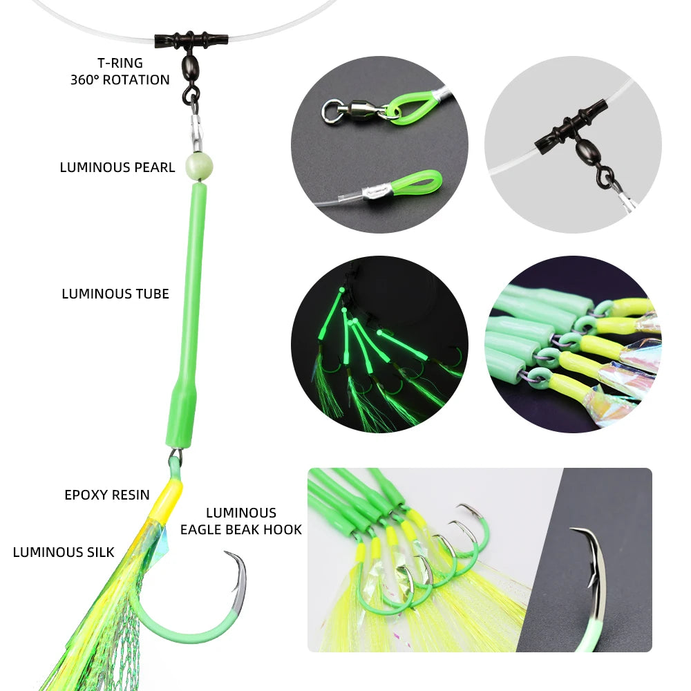 ZYZHE 1pc Deep Drop Rigs With 5 Luminous Circle Hooks Saltwater Boat Fishing Bait Rigs Ideal For Tuna Cod Redfish Marlin
