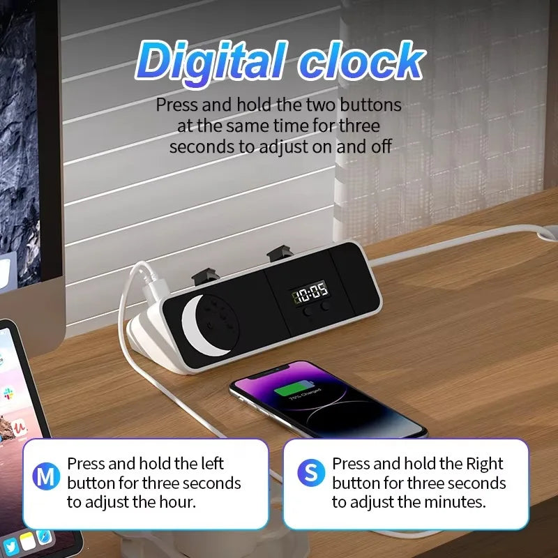 EU Angle Extension Power Strip With Night Light Clock 2 USB 2 Type‑C Ports for Desktop Home Indoor Application - Electronics & Accessories from Linloft.