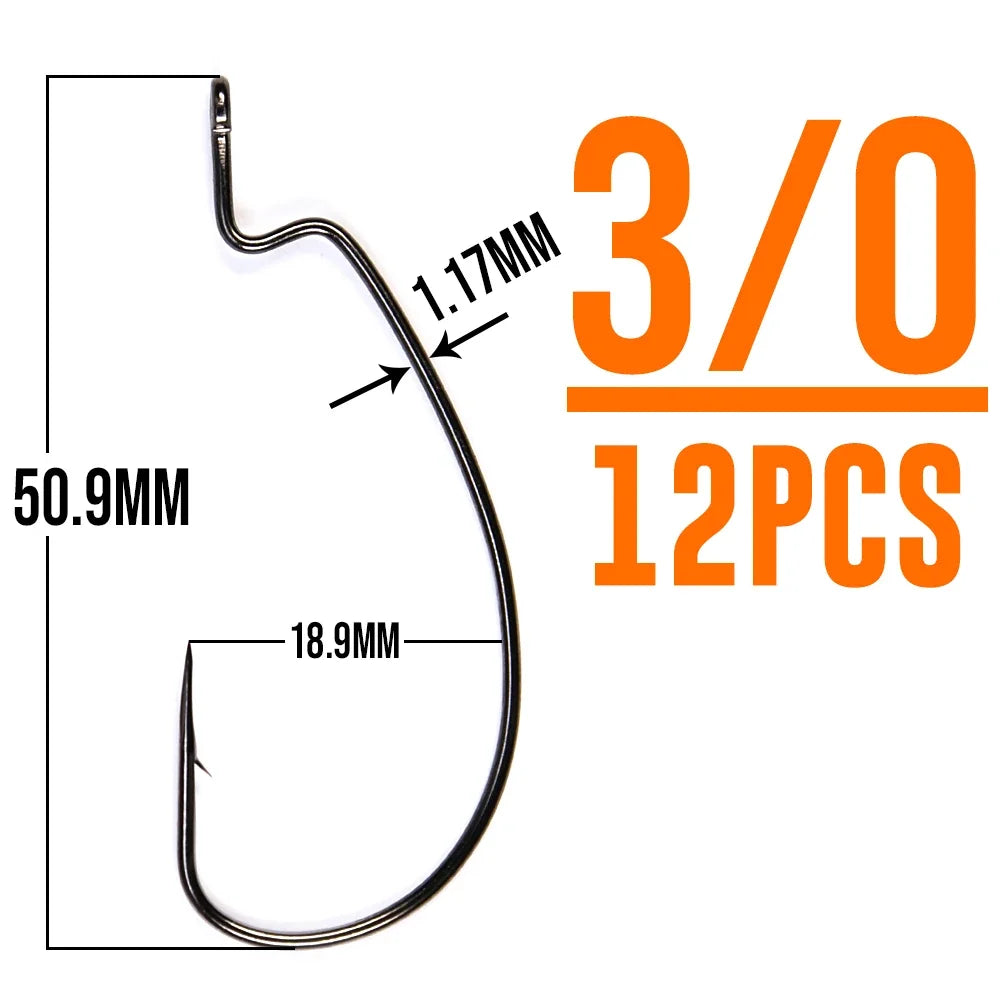 B&U Thin Wire Offset EWG Worm Hook with Big Rings Carbon Steel Crank Hooks Fishing Accessories for Soft Lure Tackle 12pcs