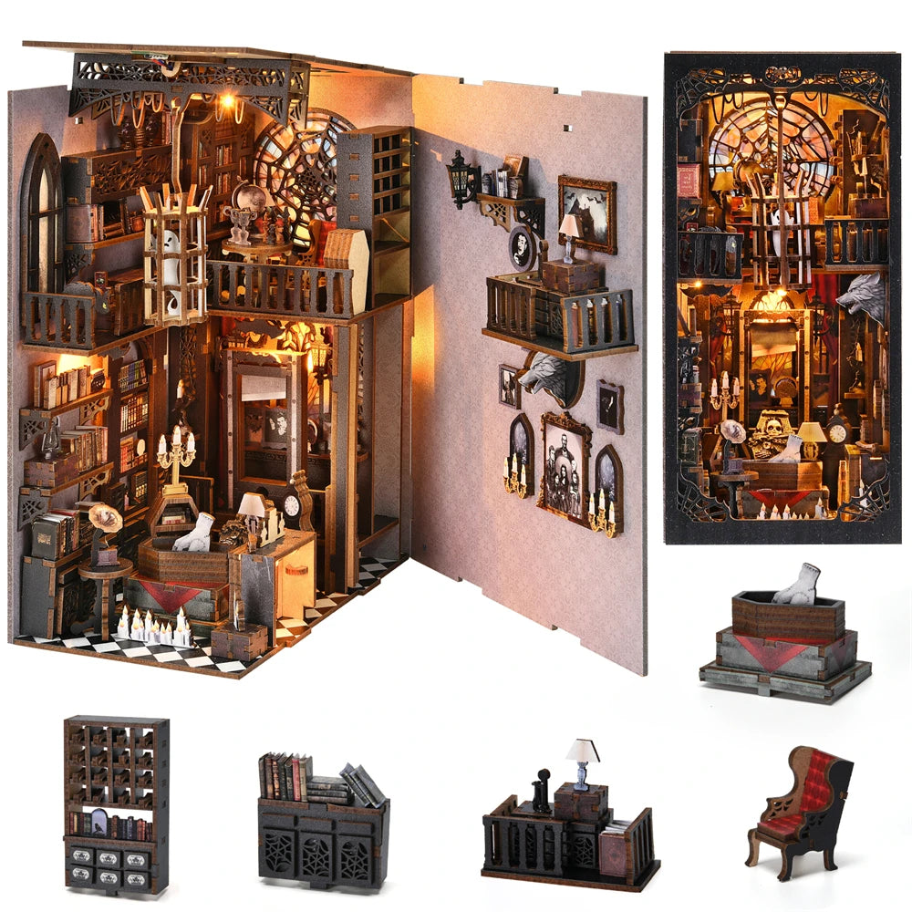 Book Nook Kit Dark Family DIY Wooden Puzzle Gothic Style Halloween Bookshelf Dollhouse Model Bookend Building Home Decoration