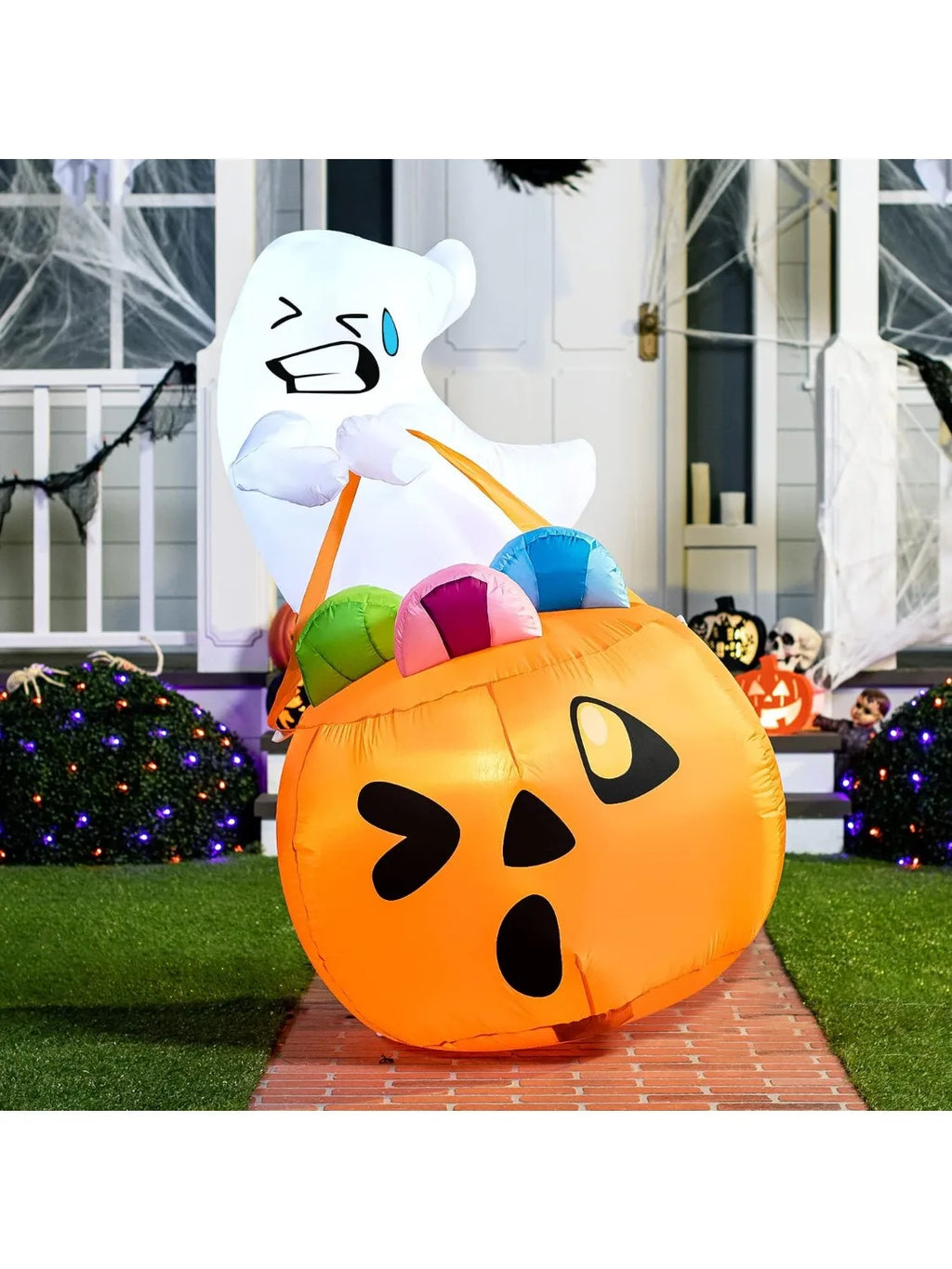 5 FT Tall Halloween Inflatables Outdoor Decorations Cute Ghost Blow Up Ghost Lift Pumpkin Candy Bag with Build-in LEDs For Halloween Gifts - Seasonal & Holiday from Linloft.