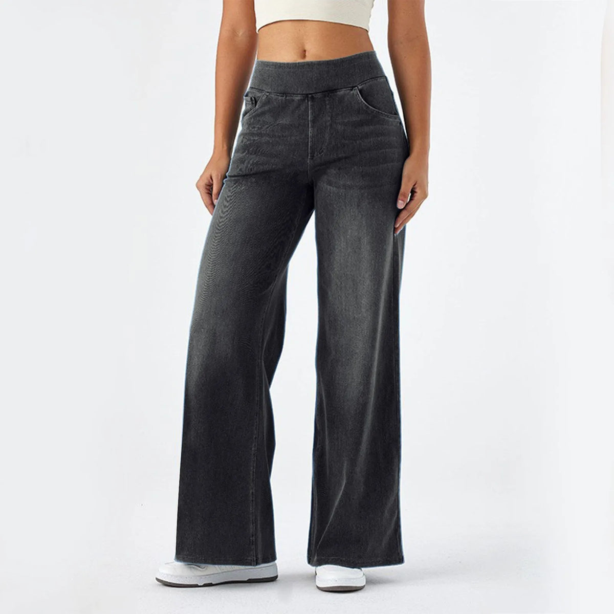 Wide Leg Elastic Waist Baggy Jeans - Apparel & Accessories from Linloft.