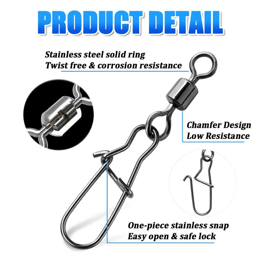 FishTrip Fishing Snap Swivels Rolling Swivels with Duo Lock Snap Stainless Steel Corrosion Resistant Black Nickel Coating