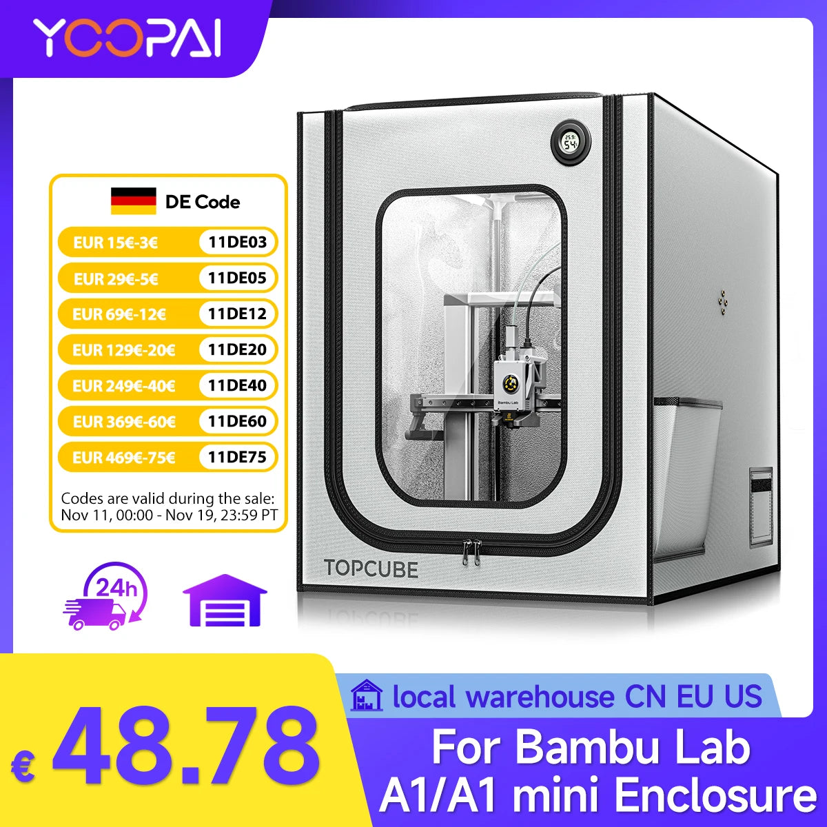 YOOPAI 3D Printer Enclosure for Bambu Lab A1/A1 Mini 3D Printer House Cover with LED Light Constant Temperature Fireproof Large - 3D Printing Accessories from Linloft.