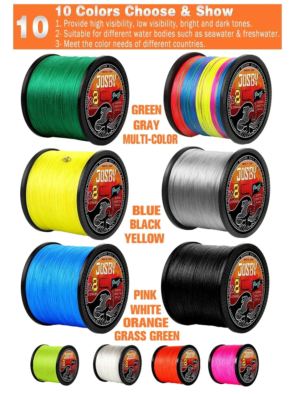JOSBY X8 Braided Fishing Line 1000M 500M 300M 100M  Multifilament Japan Smooth PE Wire Carp Fishing Accessorie Saltwater Pesca