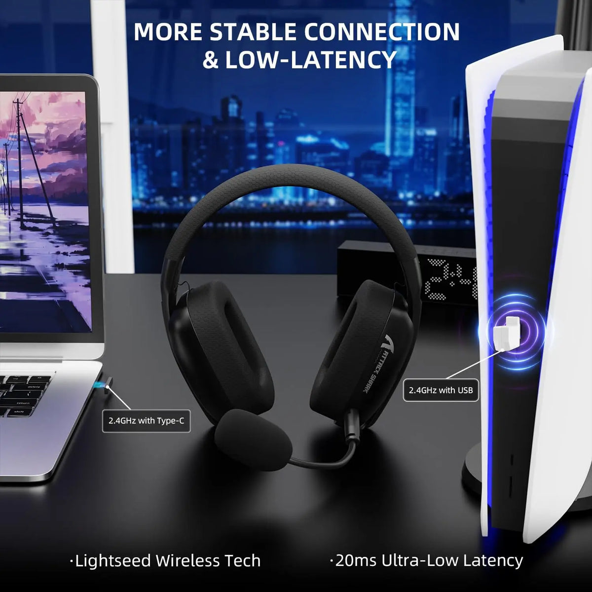 ATTACK SHARK L80PRO Wireless Gaming Headset Lightseed Tech- Built-in&Detachable Dual Microphone-Lightweight Headphone-Tri-Mode