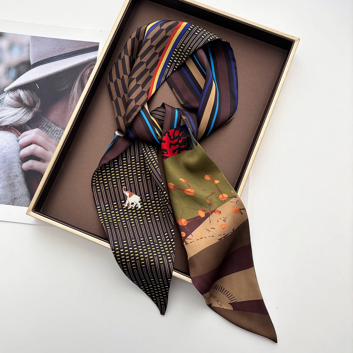 Skinny Scarf for Women Silk Ribbon, Elegant Print Neckerchief, Hair Band Handbag Tie Wrist Belt Fashion Accessory Gift