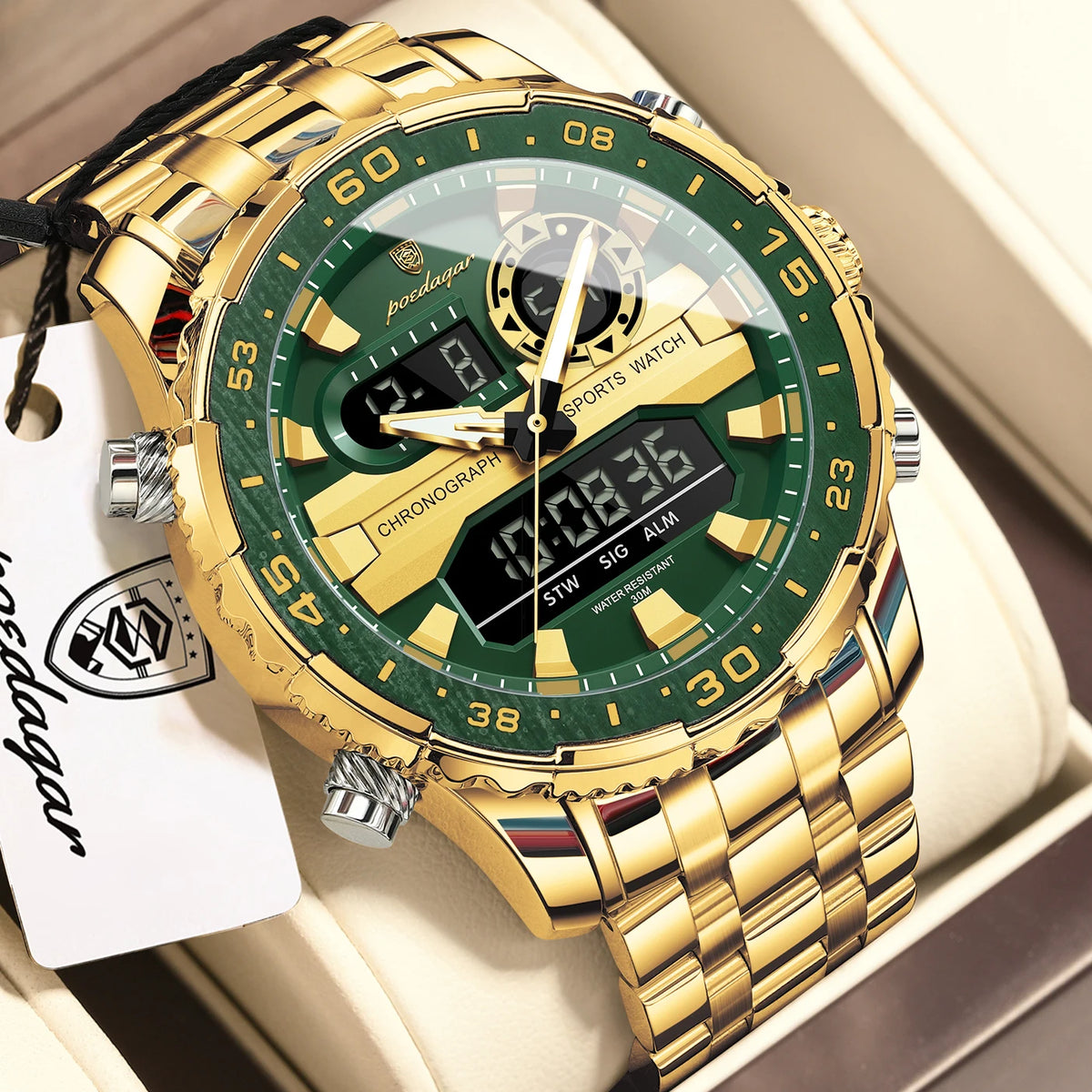 POEDAGAR Functional Electronic Man Wristwatch Week Date LED Luminous Oversized Fashion Quartz Men Watch Dual Time Digital Military Men's Watches Reloj - Apparel & Accessories from Linloft.