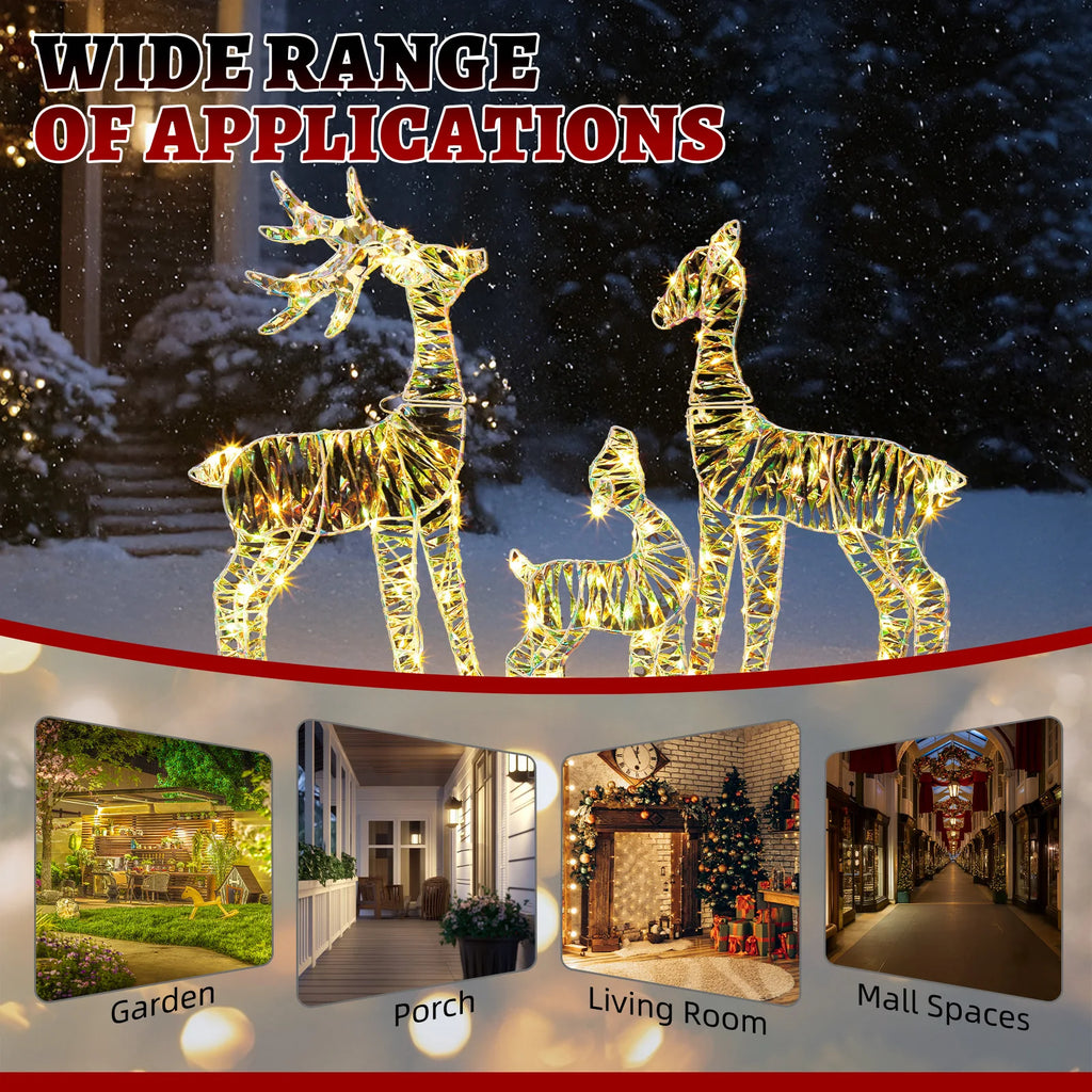 3-Piece Lighted Reindeer Family Christmas Decor – 110 Warm White LED, Iridescent Finish, Weatherproof Metal Frame, for Indoor/Outdoor Yard, Porch, Garden – Easy Assembly, Festive Holiday Display