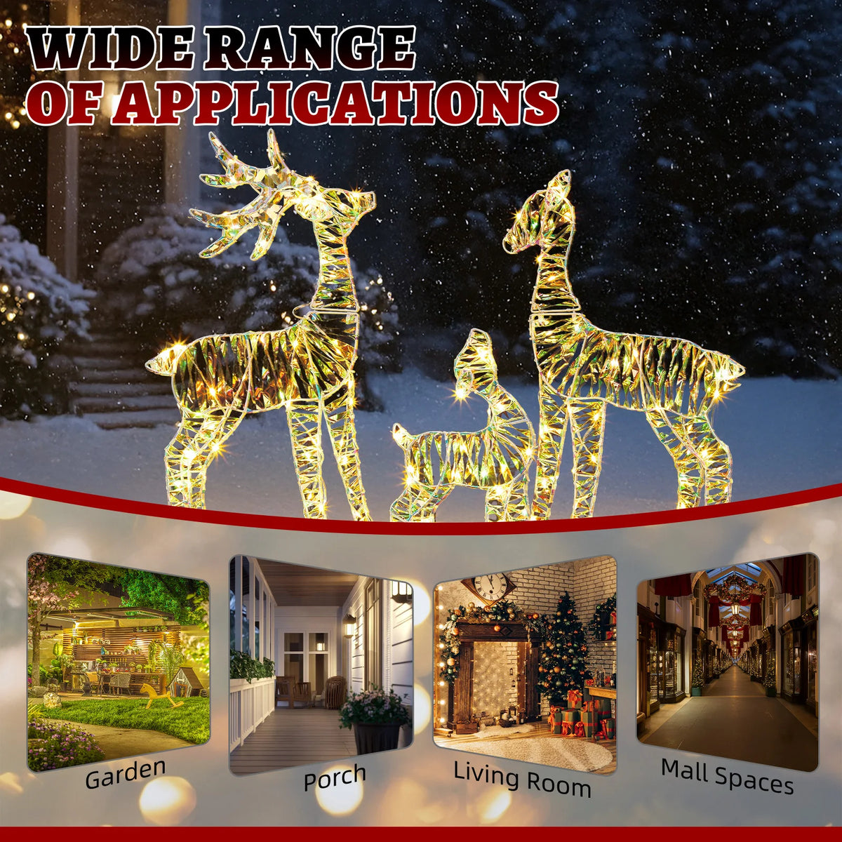 3-Piece Lighted Reindeer Family Christmas Decor – 110 Warm White LED, Iridescent Finish, Weatherproof Metal Frame, for Indoor/Outdoor Yard, Porch, Garden – Easy Assembly, Festive Holiday Display