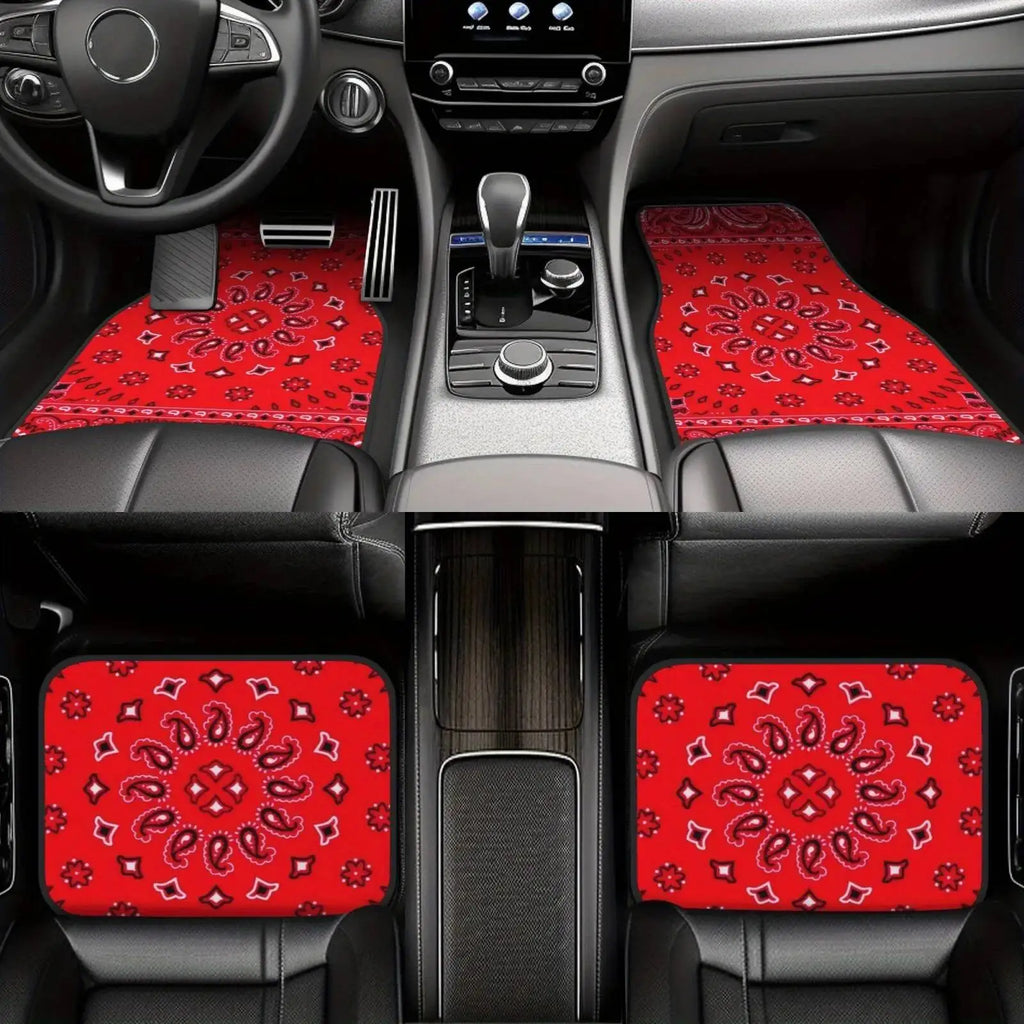 Red Bohemian Paisley Print Car Floor Mats 4Pcs Universal Anti-Slip Auto Carpet Interior Accessories For Women Girls Sedan SUV - Vehicle Parts & Accessories from Linloft.