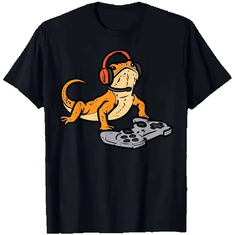 Bearded Dragon Video Gaming Funny Gamer Animal Men's Summer T-Shirt, Street Style Hip Hop T-Shirt Short Personalized Sleeve 100% Cotton Trendy Y2K Short-Sleeve Tee-Soft, Quick-Drying, Moisture-Wicking, Great Gift for Christma