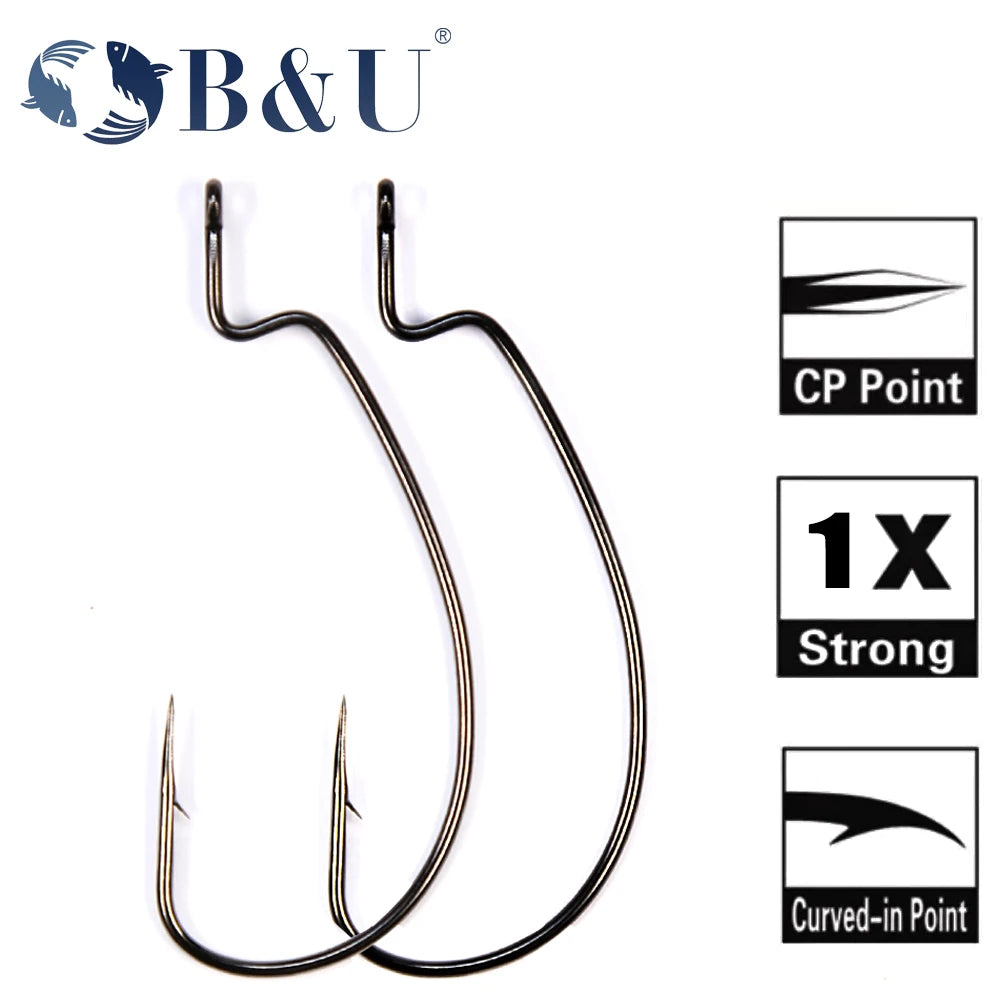 B&U Thin Wire Offset EWG Worm Hook with Big Rings Carbon Steel Crank Hooks Fishing Accessories for Soft Lure Tackle 12pcs