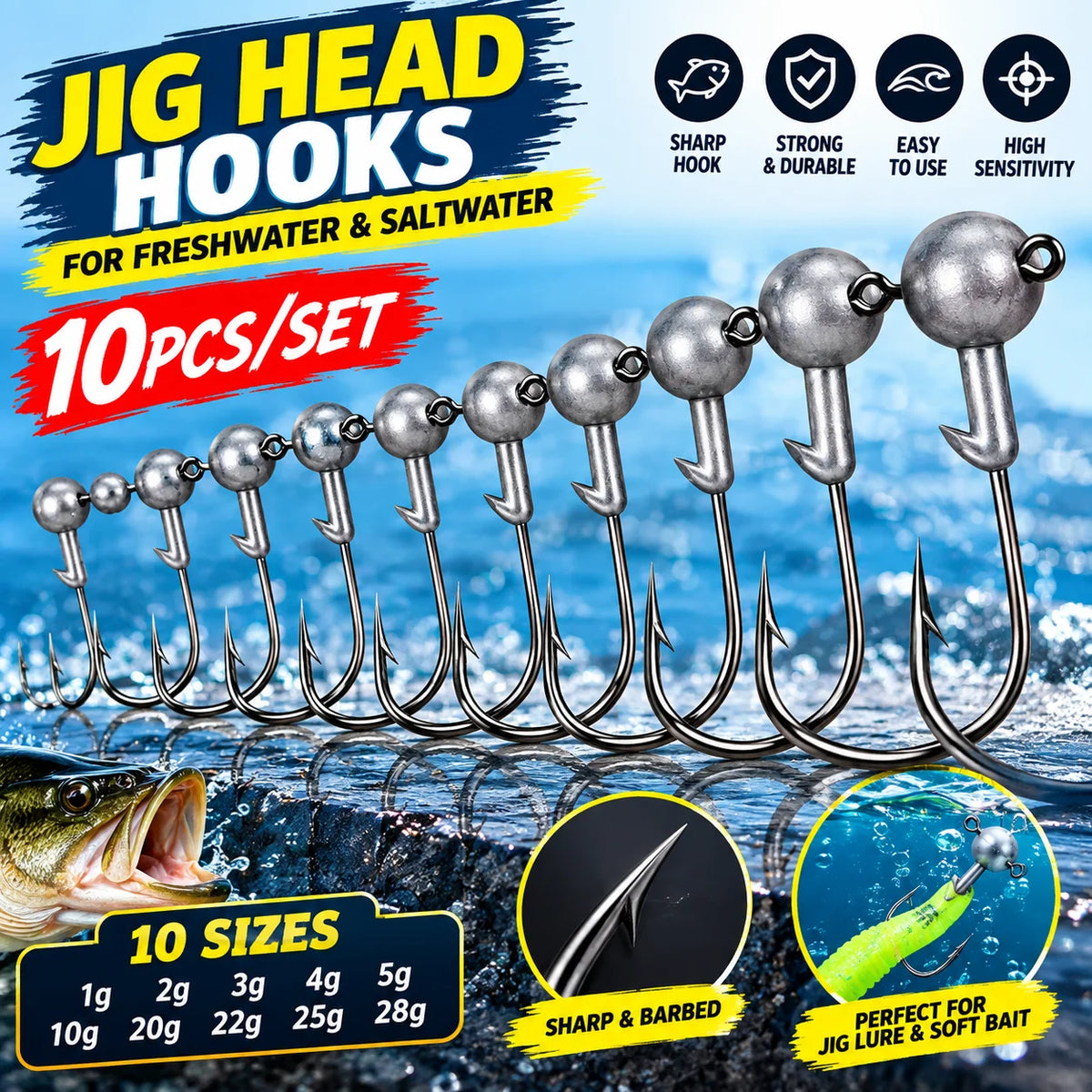 10pc/set l1g 2g 3g 4g 5g 10g 20g 22g 25g 28g crank Jig head hook fishing hook head Jig lure hard bait soft worm hook for fish