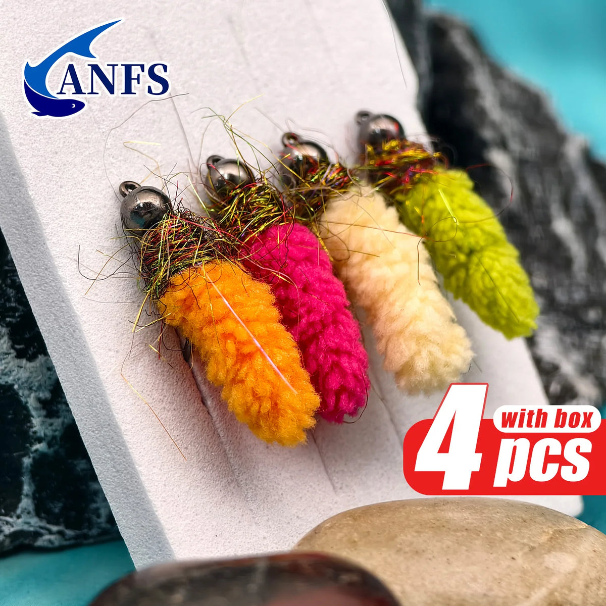 ANFS Copper Head Mop Jig Nymph Flies of 4 Pack with Storage Box, Hand Tied Fly for Trout Fishing
