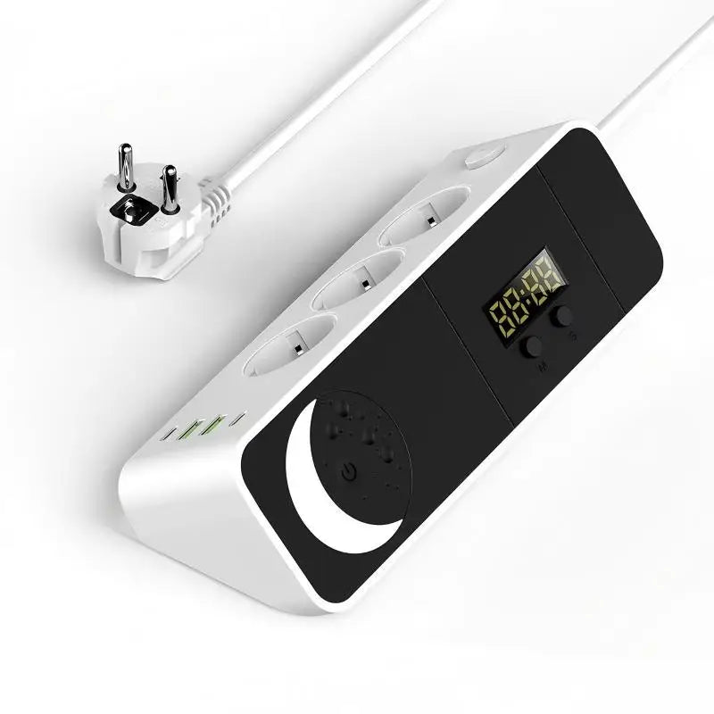 EU Angle Extension Power Strip With Night Light Clock 2 USB 2 Type‑C Ports for Desktop Home Indoor Application - Electronics & Accessories from Linloft.