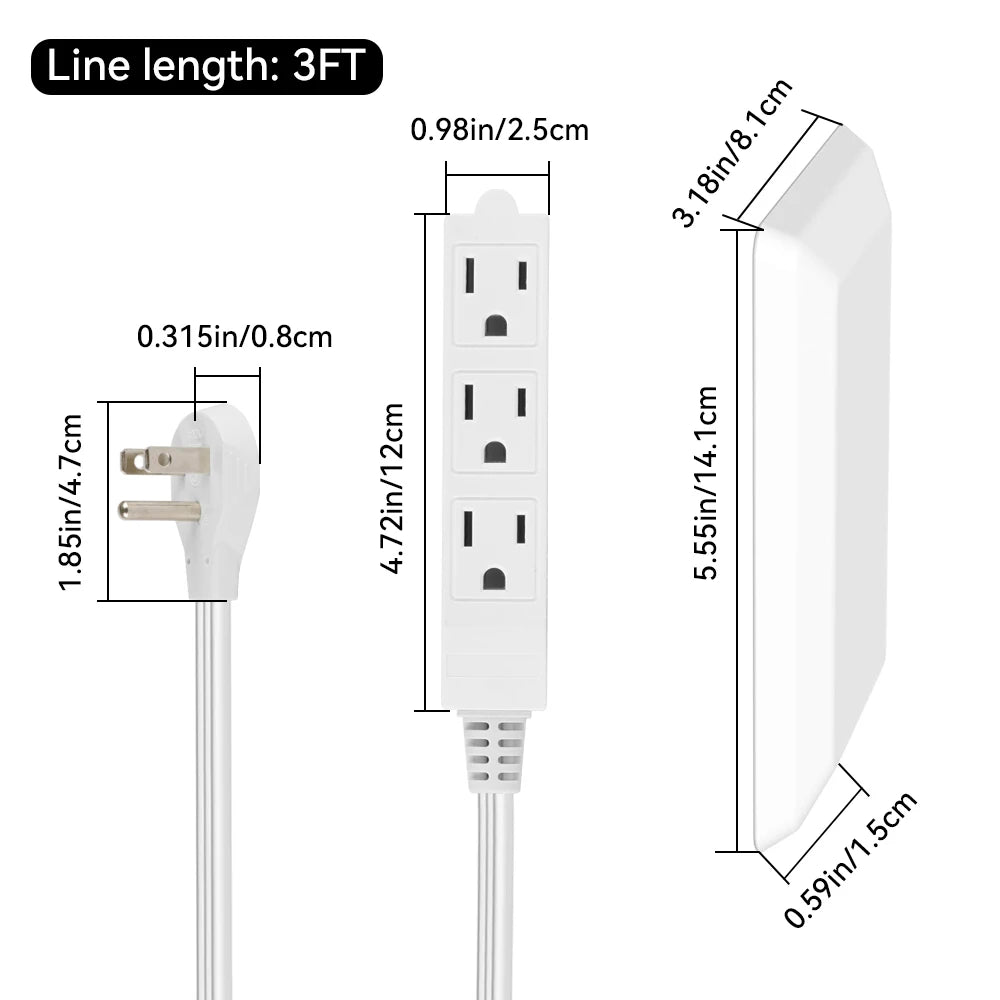3 FT Extension Cord Power Strip with 3 AC Outlet 3 Prong Plug Extender, Cover Plate, Wire Splitter 16AWG, Standard Grounding, UL
