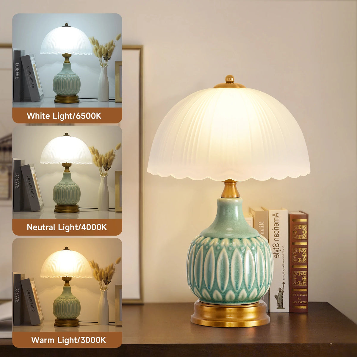 Retro Ceramic Bedside Lamp with Pleated Glass Shade, Green Glaze