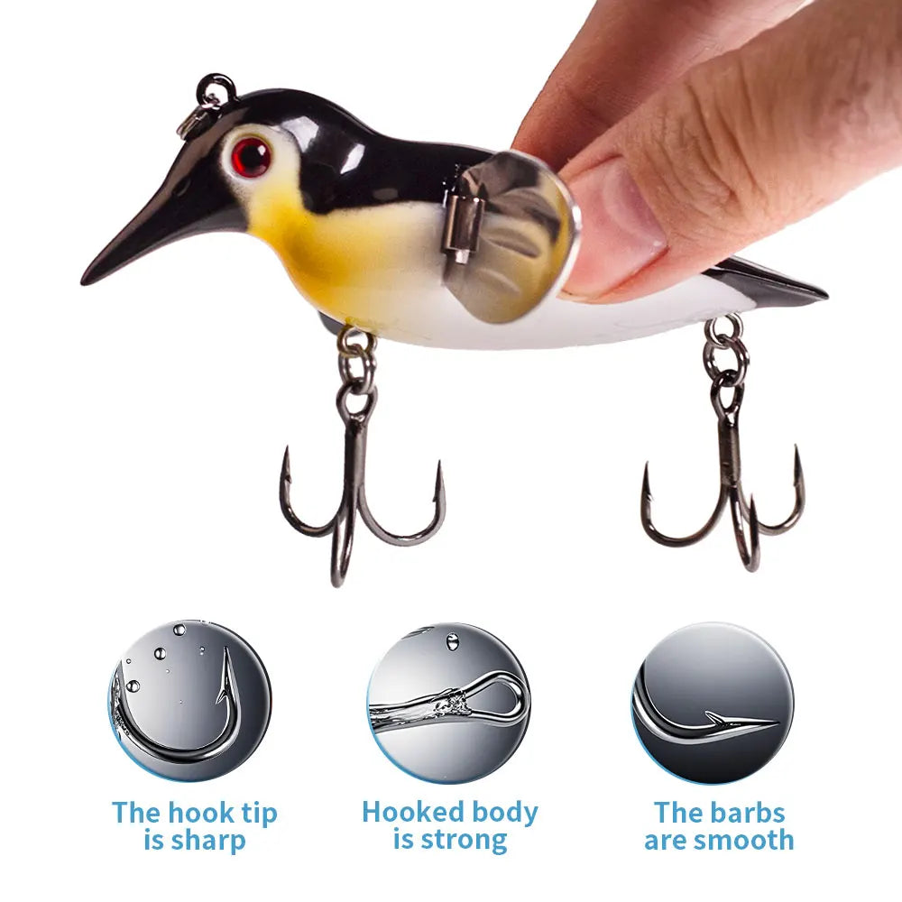 Hanlin 8cm/12g Simulation Penguin Topwater Popper Bait Floating Birds Fishing Lure Metal Wings Wobbler Swimbait Pike Bass Tackle