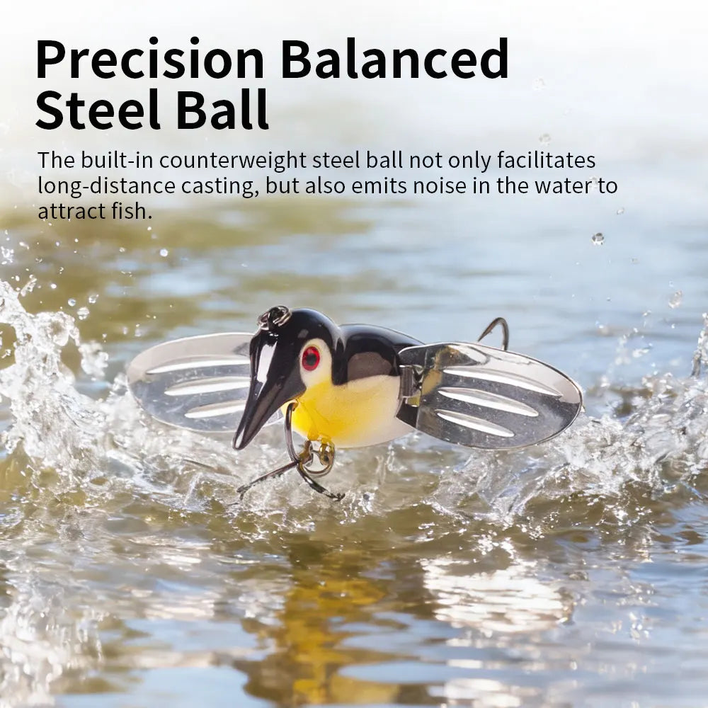 Hanlin 8cm/12g Simulation Penguin Topwater Popper Bait Floating Birds Fishing Lure Metal Wings Wobbler Swimbait Pike Bass Tackle