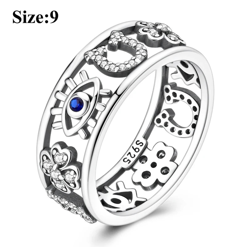 MULA Wedding Band Rings for Women Man 925 Sterling Silver Evil Eye Hand Celtic Knot Four-Leaf Clover Ring Stackable Jewelry Gift - Rings & Jewelry from Linloft.
