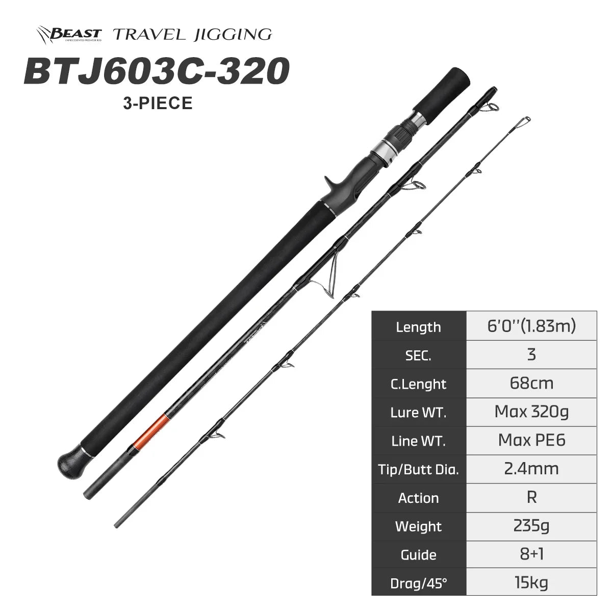 Portable 3-Piece Travel Jigging Rod - Fishing Tackle from Linloft.