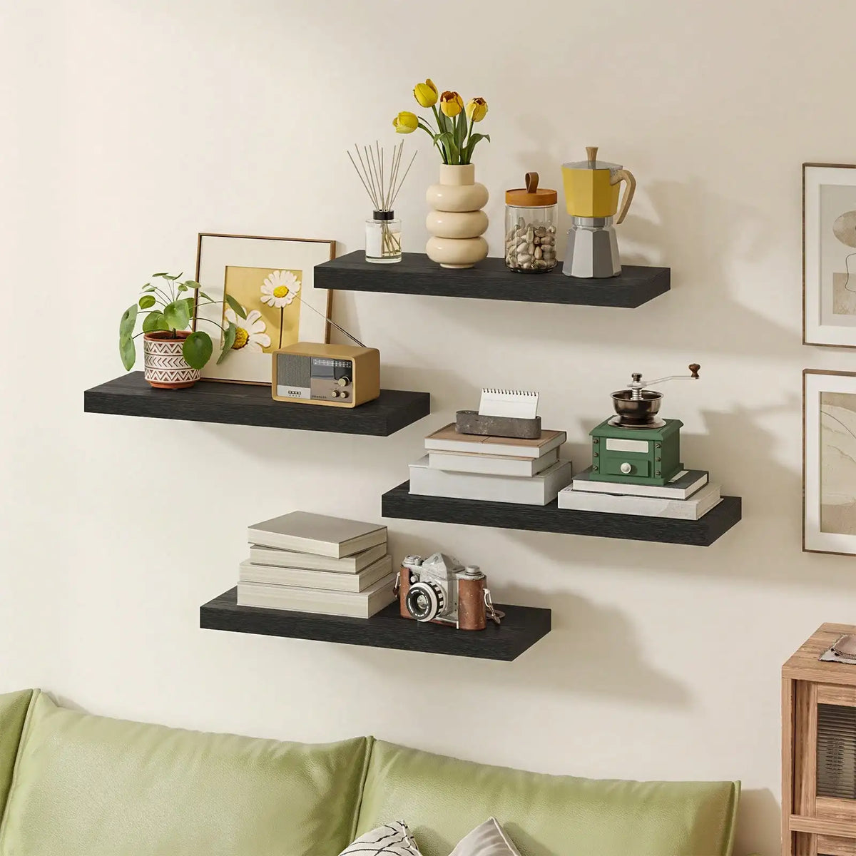 4 Pack Floating Shelves Modern Black Wood Wall Shelves Storage Shelving Unit With Invisible Metal Brackets Display Rack For Bathroom Living Room Bedroom Kitchen Housewarming Gift