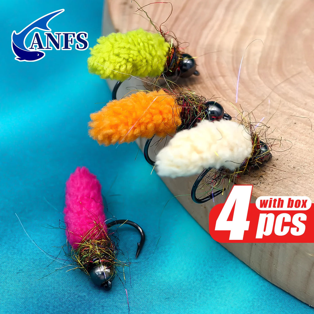 ANFS Copper Head Mop Jig Nymph Flies of 4 Pack with Storage Box, Hand Tied Fly for Trout Fishing