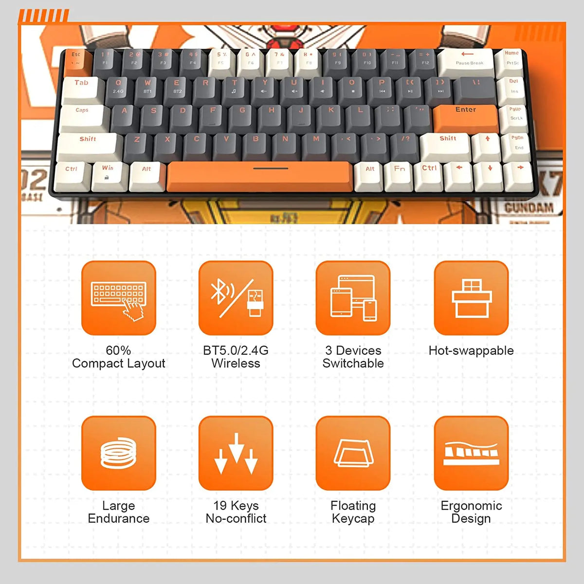 RK68 60% Wireless Mechanical Keyboard, Bluetooth 5.0/2.4GHz with Dual Mode 2-in-1 Receiver, 68-Key Hot-Swappable Gaming Keyboard - Electronics & Accessories from Linloft.
