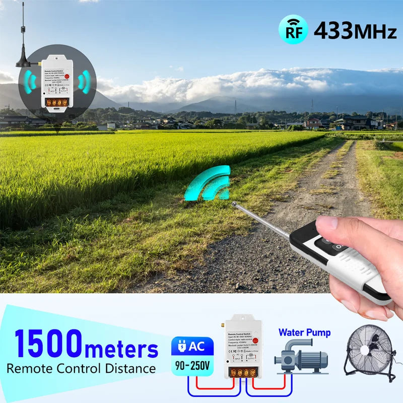 433 Mhz Remote Control Universal Wireless Remote Switch AC 220V 30A Relay Receiver 1000m RF Transmitter for Water Pump / Farm