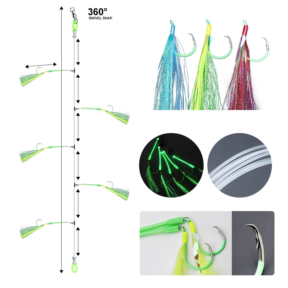 ZYZHE 1pc Deep Drop Rigs With 5 Luminous Circle Hooks Saltwater Boat Fishing Bait Rigs Ideal For Tuna Cod Redfish Marlin