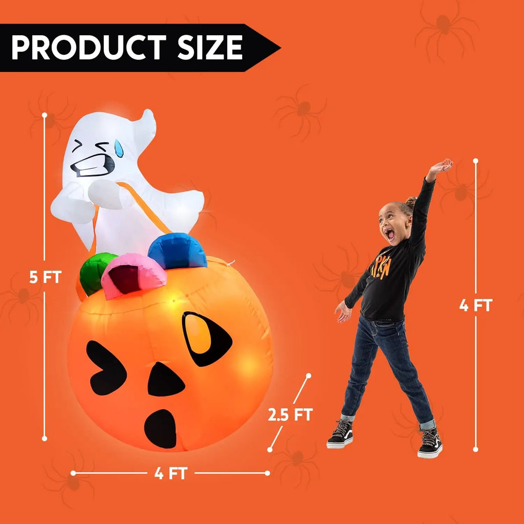 5 FT Tall Halloween Inflatables Outdoor Decorations Cute Ghost Blow Up Ghost Lift Pumpkin Candy Bag with Build-in LEDs For Halloween Gifts - Seasonal & Holiday from Linloft.