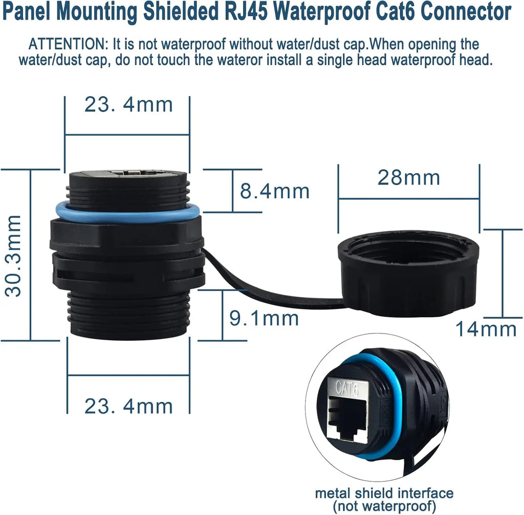 Panel Mounting Shielded CAT6 RJ45 Waterproof Connector Cat5e/6 8P8C Ethernet LAN Cable Coupler Adapter with Waterproof/Dust Cap