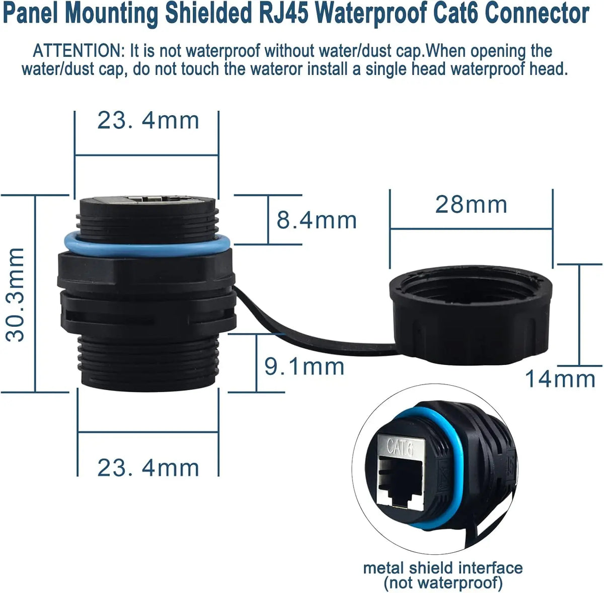 Panel Mounting Shielded CAT6 RJ45 Waterproof Connector Cat5e/6 8P8C Ethernet LAN Cable Coupler Adapter with Waterproof/Dust Cap