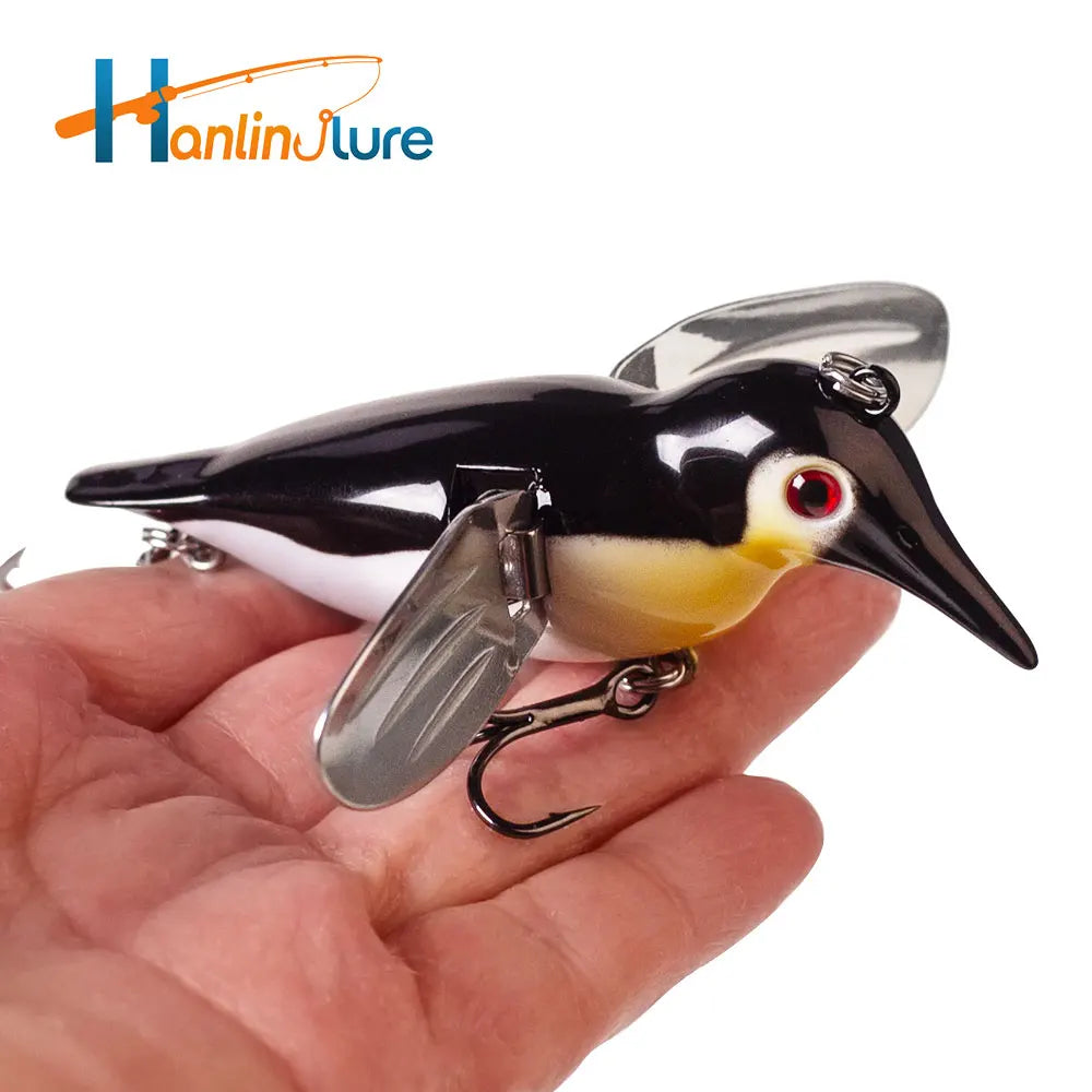 Hanlin 8cm/12g Simulation Penguin Topwater Popper Bait Floating Birds Fishing Lure Metal Wings Wobbler Swimbait Pike Bass Tackle