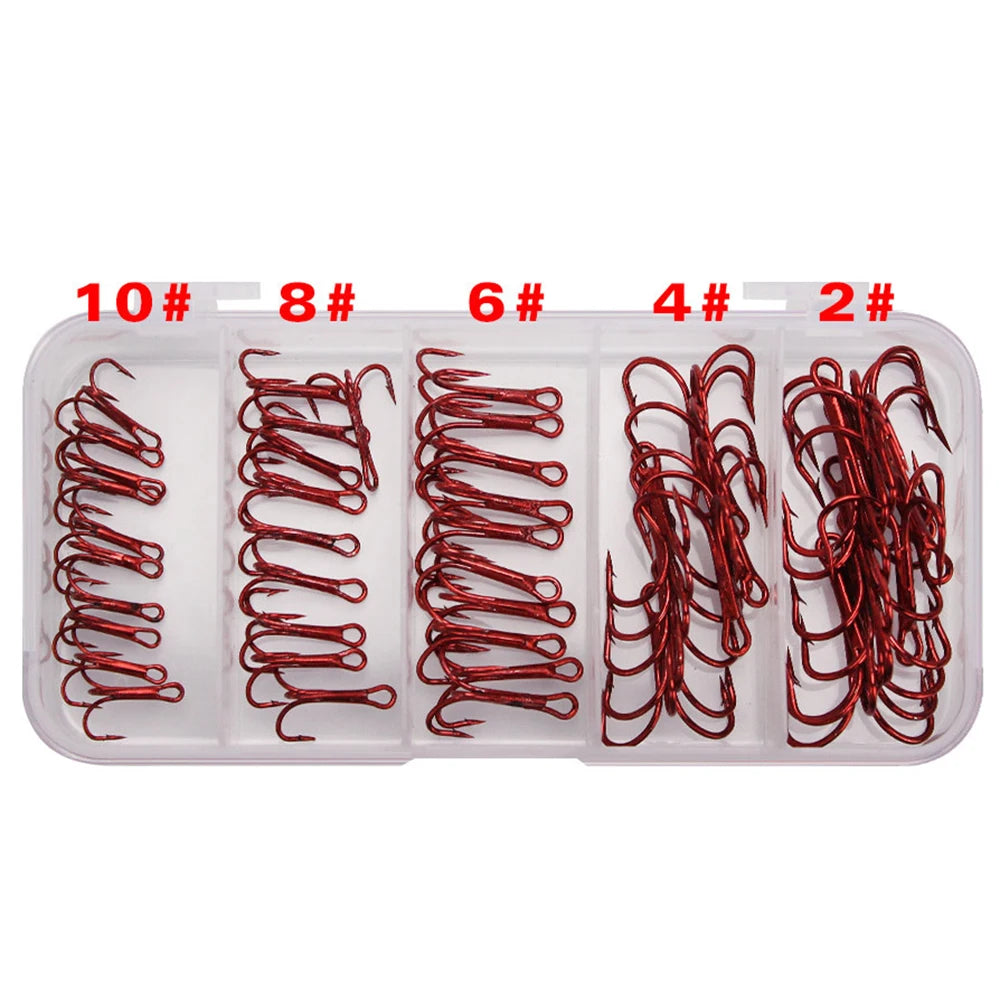 50pcs/box Triple Fishing Hooks Set Carbon Steel Barbed Treble Fishhooks for Lures Sea Fishing Accessories Tackle Tools