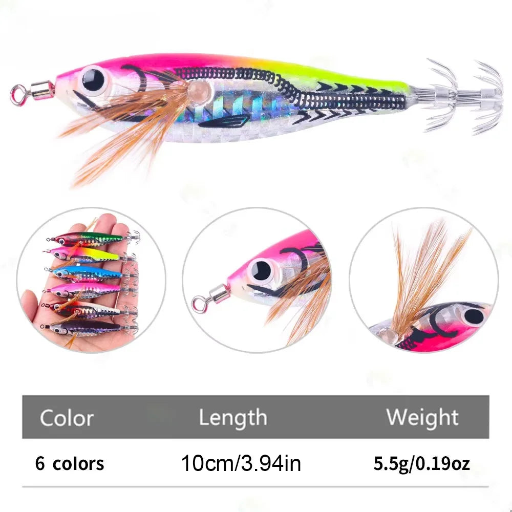 Ackibbik 6pcs Luminous Horizontal Squid Jig Saltwater Squid Glow Jigs Horizontal Sea Shrimp Jig Lure Squids Hook Night Fishing