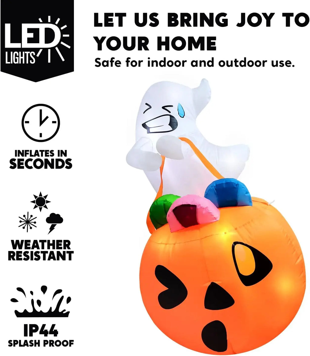 5 FT Tall Halloween Inflatables Outdoor Decorations Cute Ghost Blow Up Ghost Lift Pumpkin Candy Bag with Build-in LEDs For Halloween Gifts - Seasonal & Holiday from Linloft.