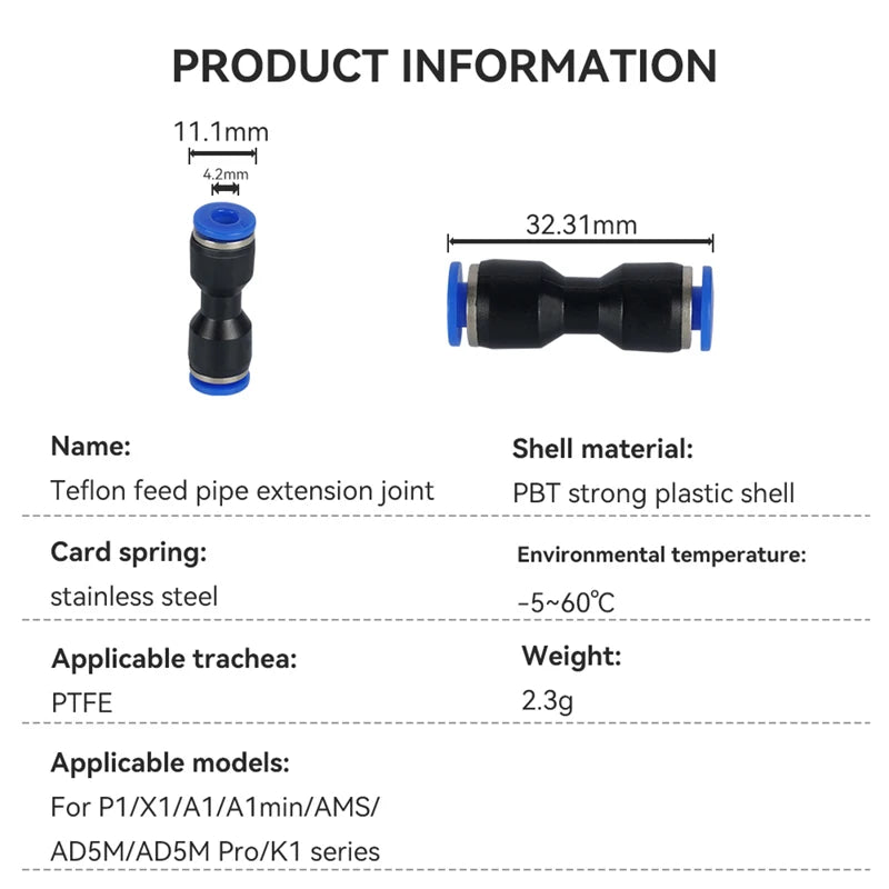 5/10pcs for Bambu Lab PTFE Tube Pneumatic Connector 3D Printer X1 X1C P1P P1S A1 1.75mm Filament Extruder 3D Printer Parts