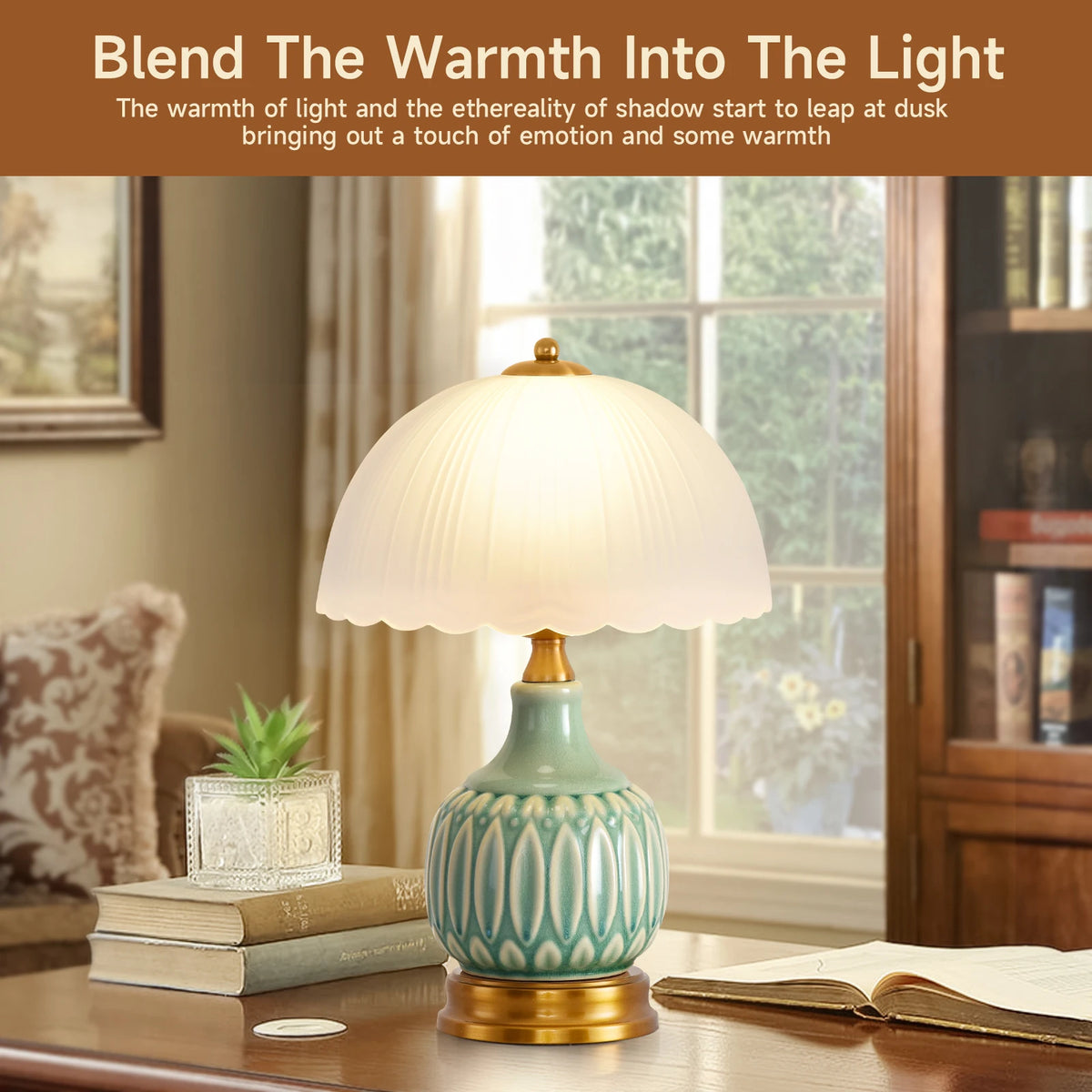 Retro Ceramic Bedside Lamp with Pleated Glass Shade, Green Glaze